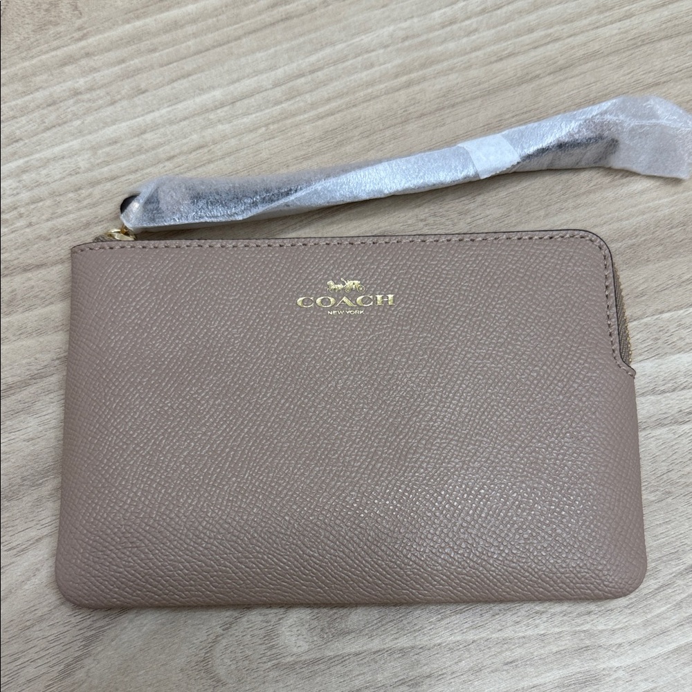 Coach Wristlet Pouch in Taupe with Gold Logo